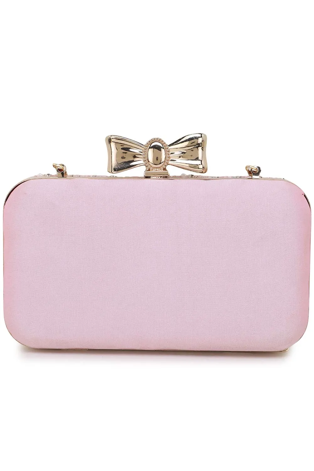 Adorn Baby Pink & White Embellished Faux Silk Clutch