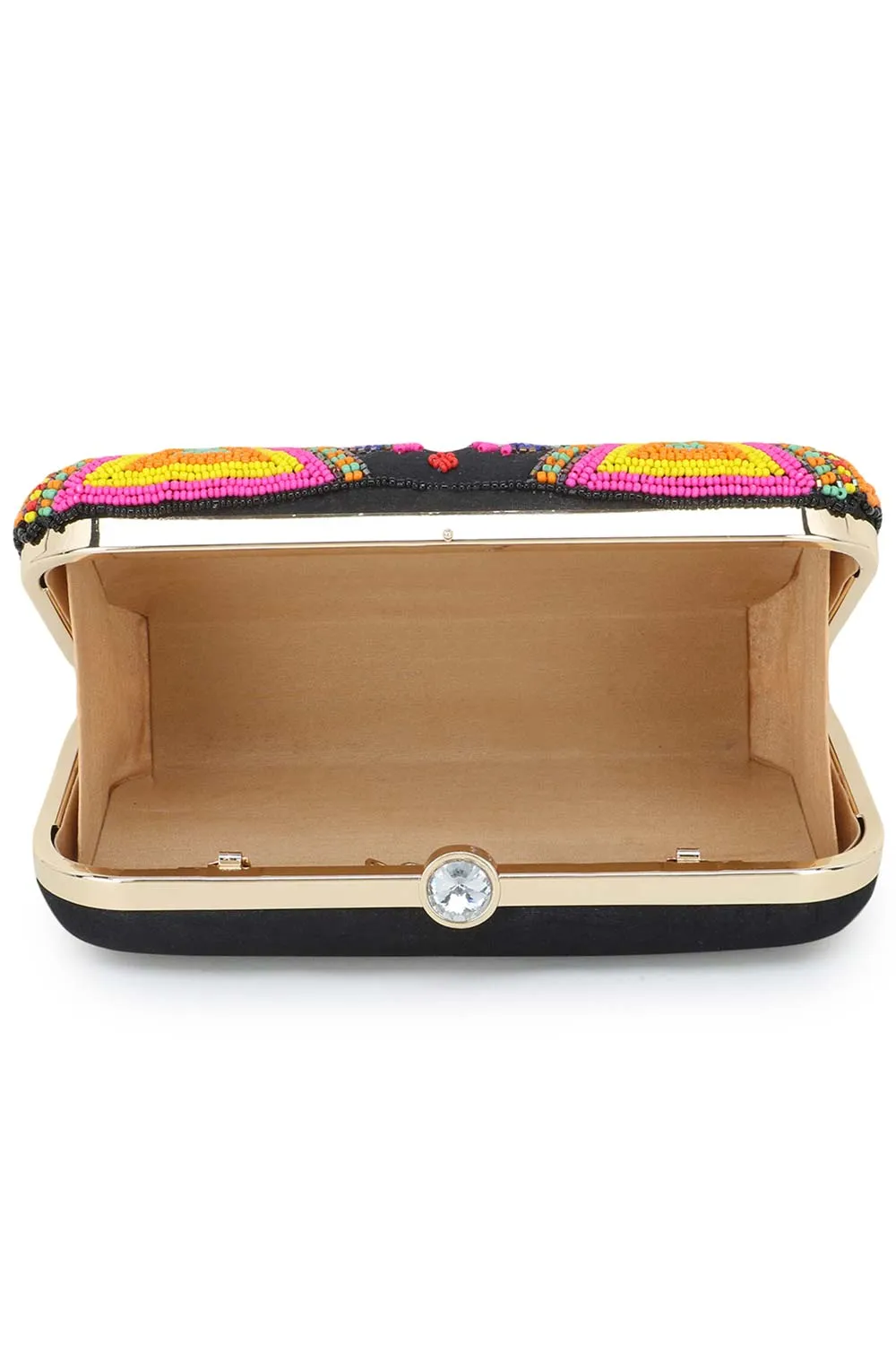 Adorn Black & Multi Faux Silk Peacock Embellished Box Clutch