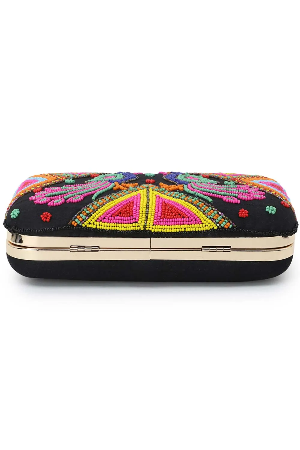 Adorn Black & Multi Faux Silk Peacock Embellished Box Clutch