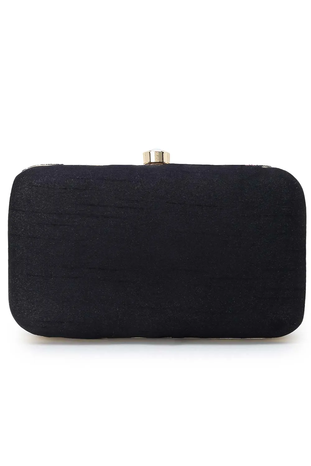 Adorn Black & Multi Faux Silk Peacock Embellished Box Clutch