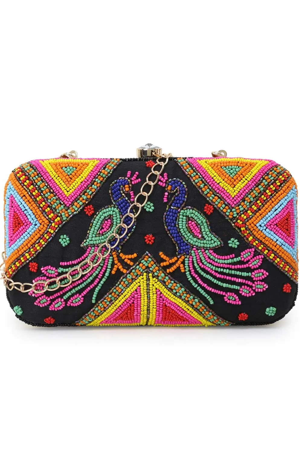 Adorn Black & Multi Faux Silk Peacock Embellished Box Clutch