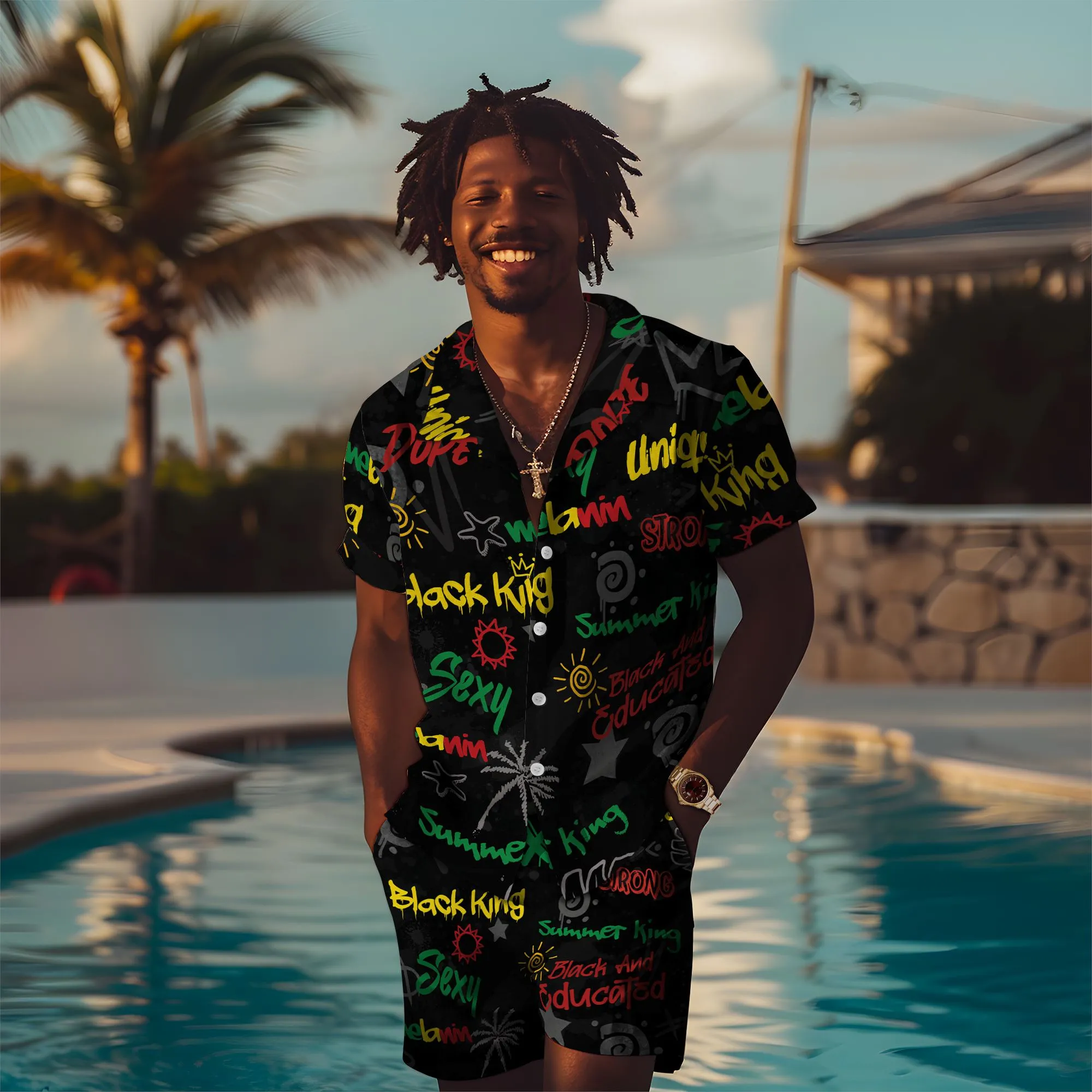 Black King's Time Hawaiian Shirt and Shorts Set