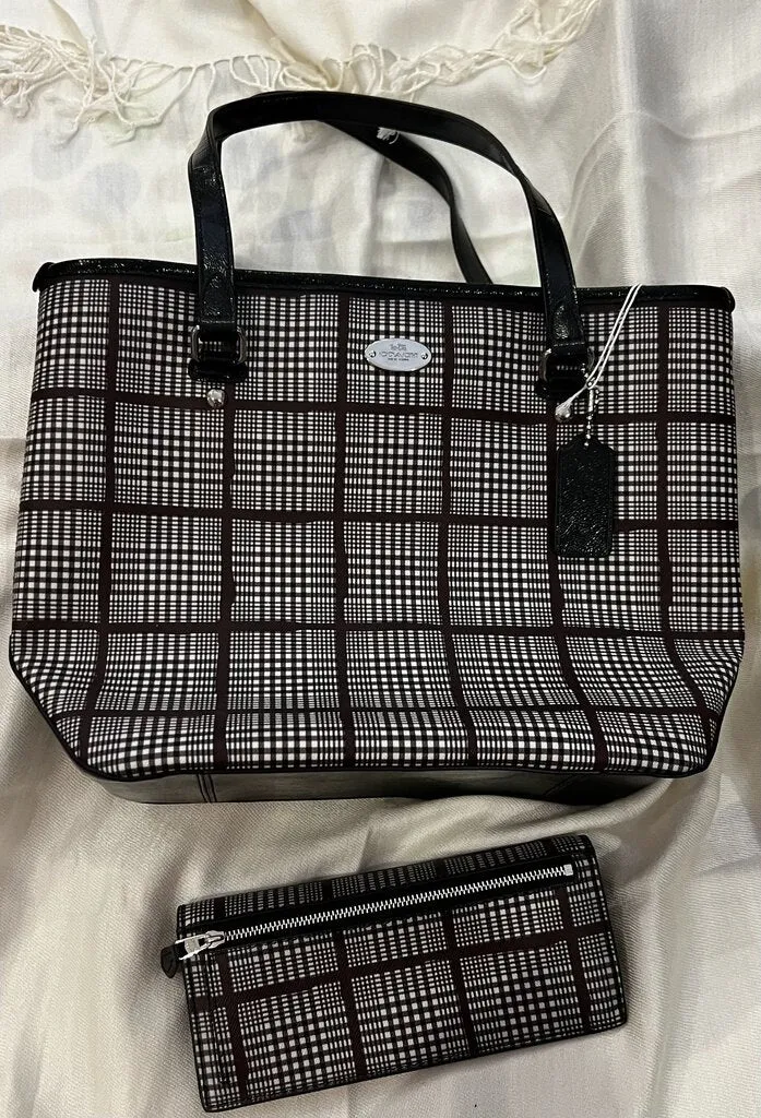 Coach Glen Plaid Zip Top Tote w/ Matching Wallet