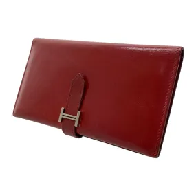 #HERMES/Long Wallet/RED/Leather/Plain