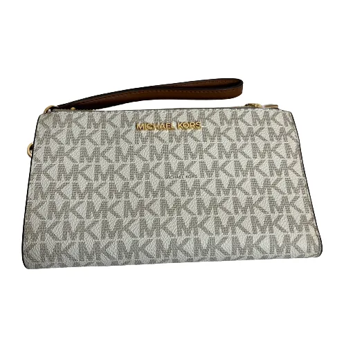 Michael Kors Monogram Logo Vanilla & Tan Leather Large Wallet Wristlet | Gently Used |