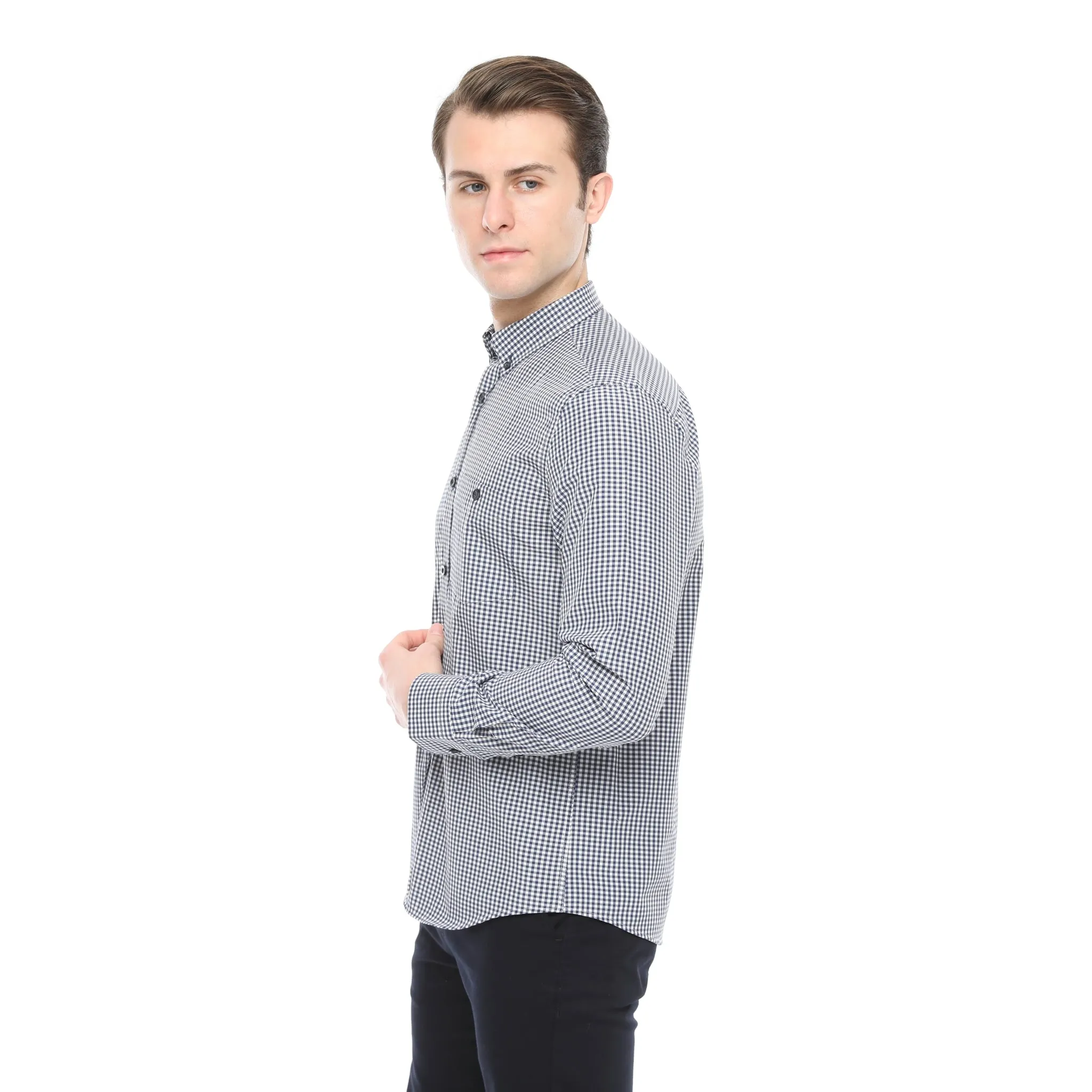 Xact Men's Gingham Check Shirt with Button-Down Collar - Long Sleeved