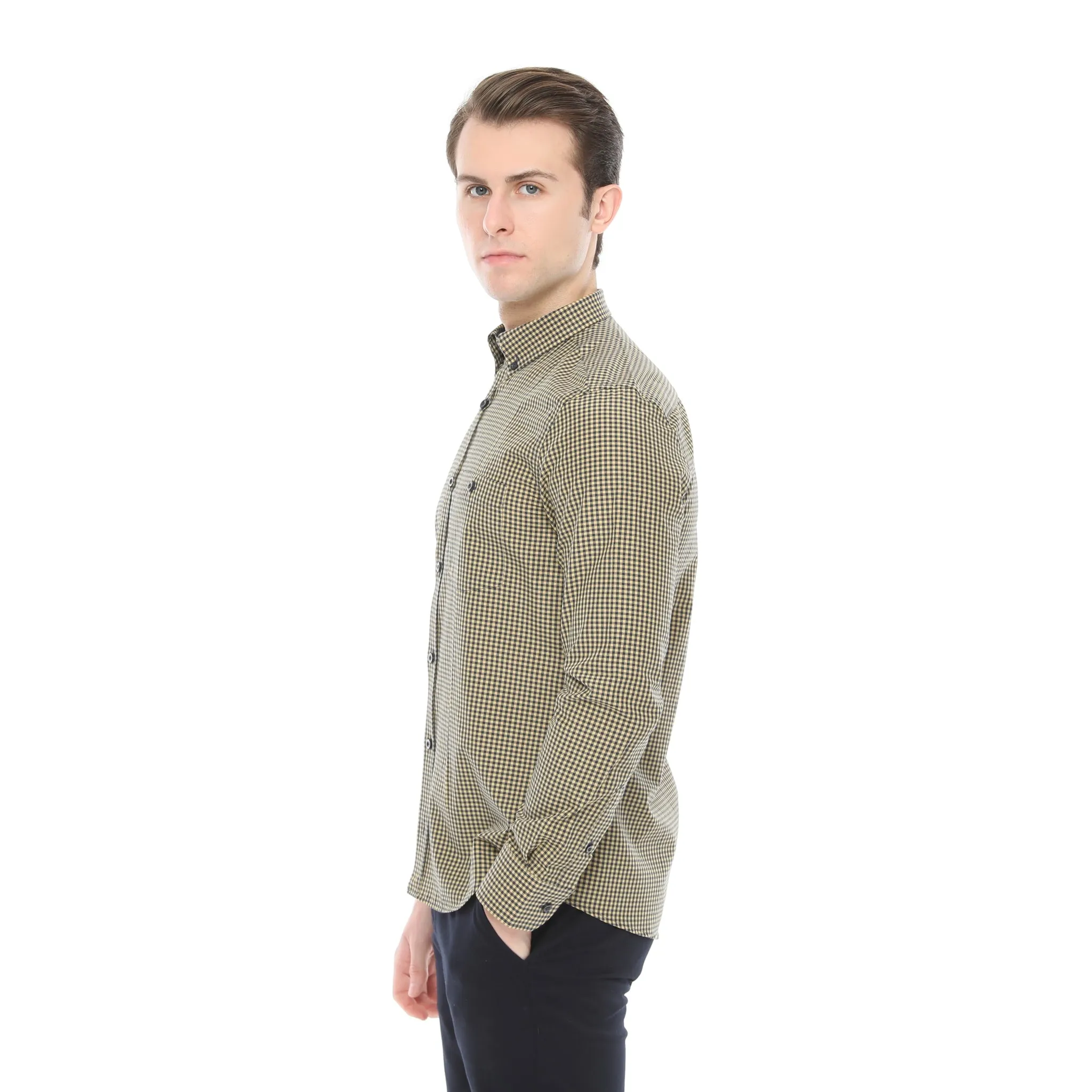 Xact Men's Gingham Check Shirt with Button-Down Collar - Long Sleeved