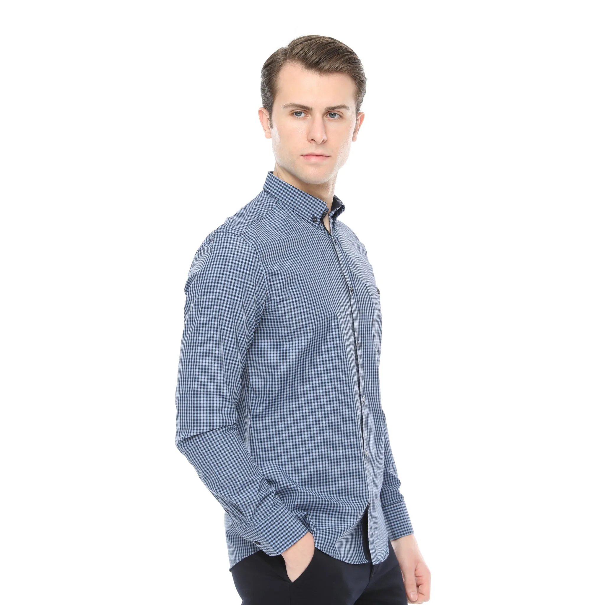 Xact Men's Gingham Check Shirt with Button-Down Collar - Long Sleeved