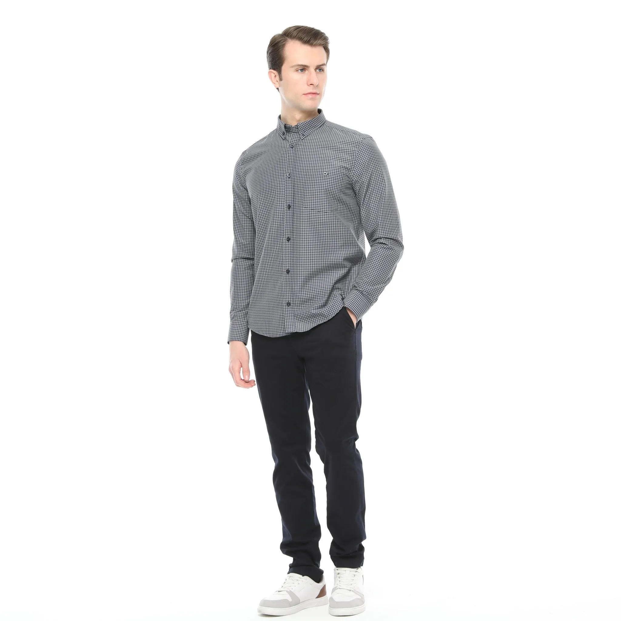 Xact Men's Gingham Check Shirt with Button-Down Collar - Long Sleeved