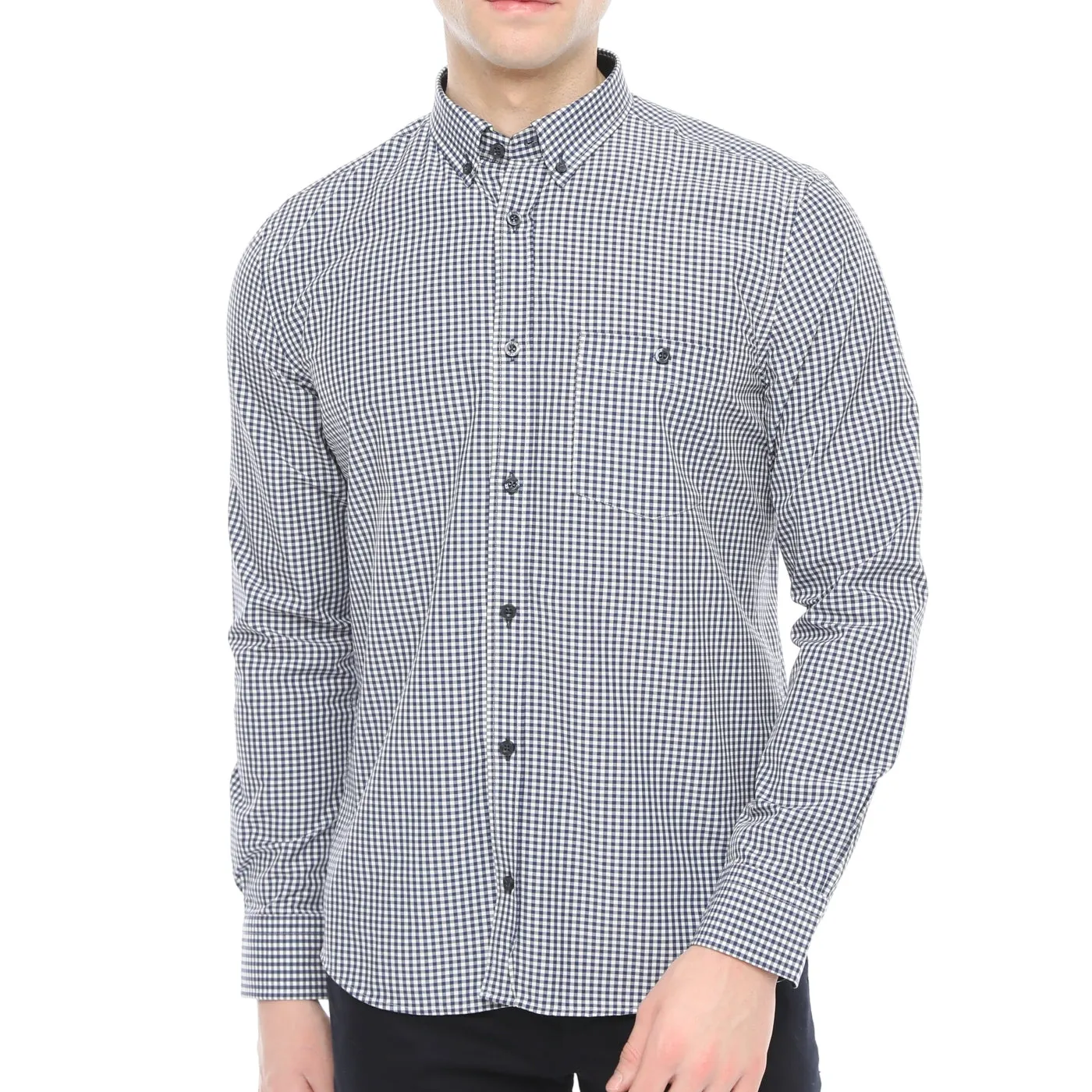 Xact Men's Gingham Check Shirt with Button-Down Collar - Long Sleeved