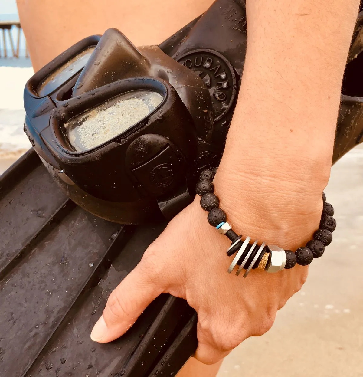 Zero Waste Bracelet with up-recycled SCUBA parts and Lava Stone