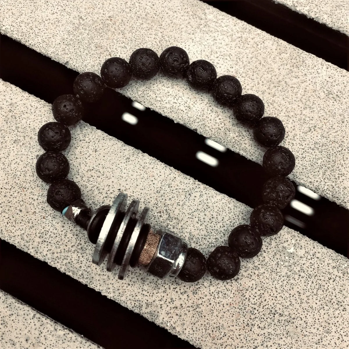 Zero Waste Bracelet with up-recycled SCUBA parts and Lava Stone