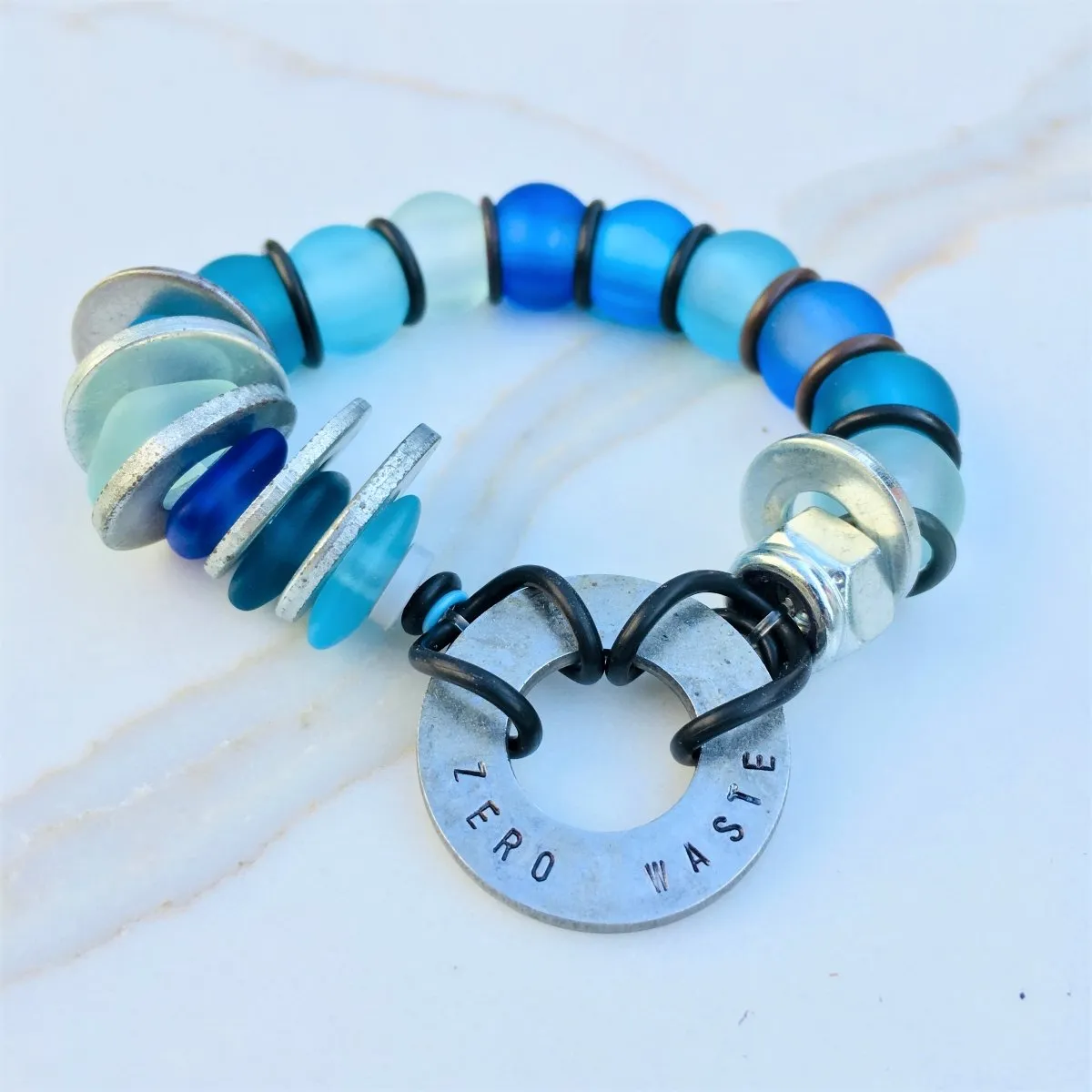 Zero Waste Bracelet with up-recycled SCUBA parts and Sea Glass