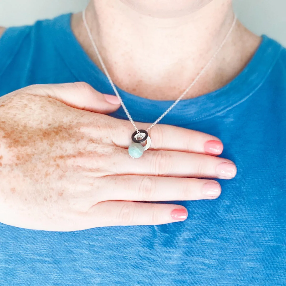 Handcrafted Zero Waste Charm Necklace with Healing Amazonite Gemstones - Eco-Friendly & Unique Gift