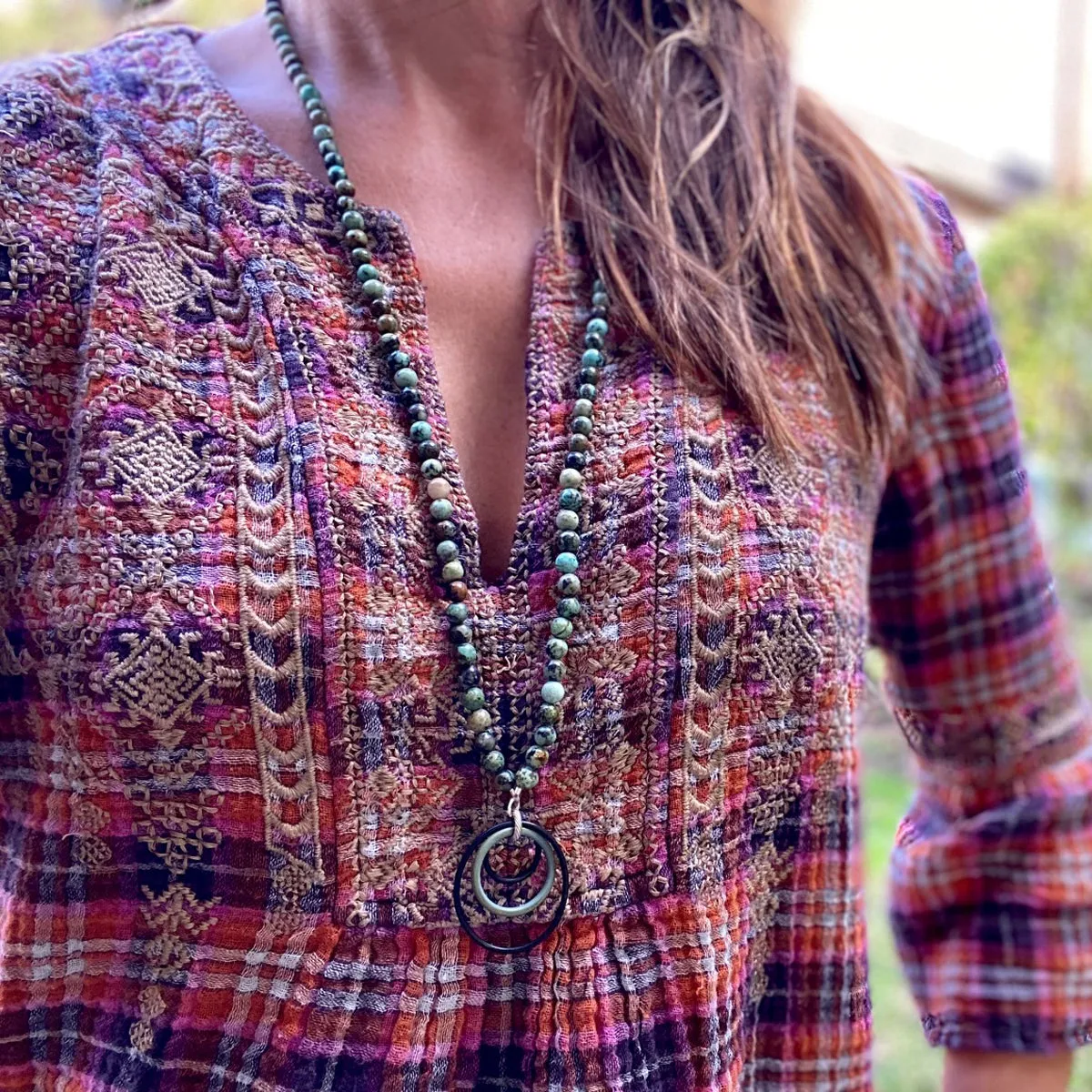 Zero Waste Necklace with African Turquoise and Up-recycled Scuba Gear O-rings