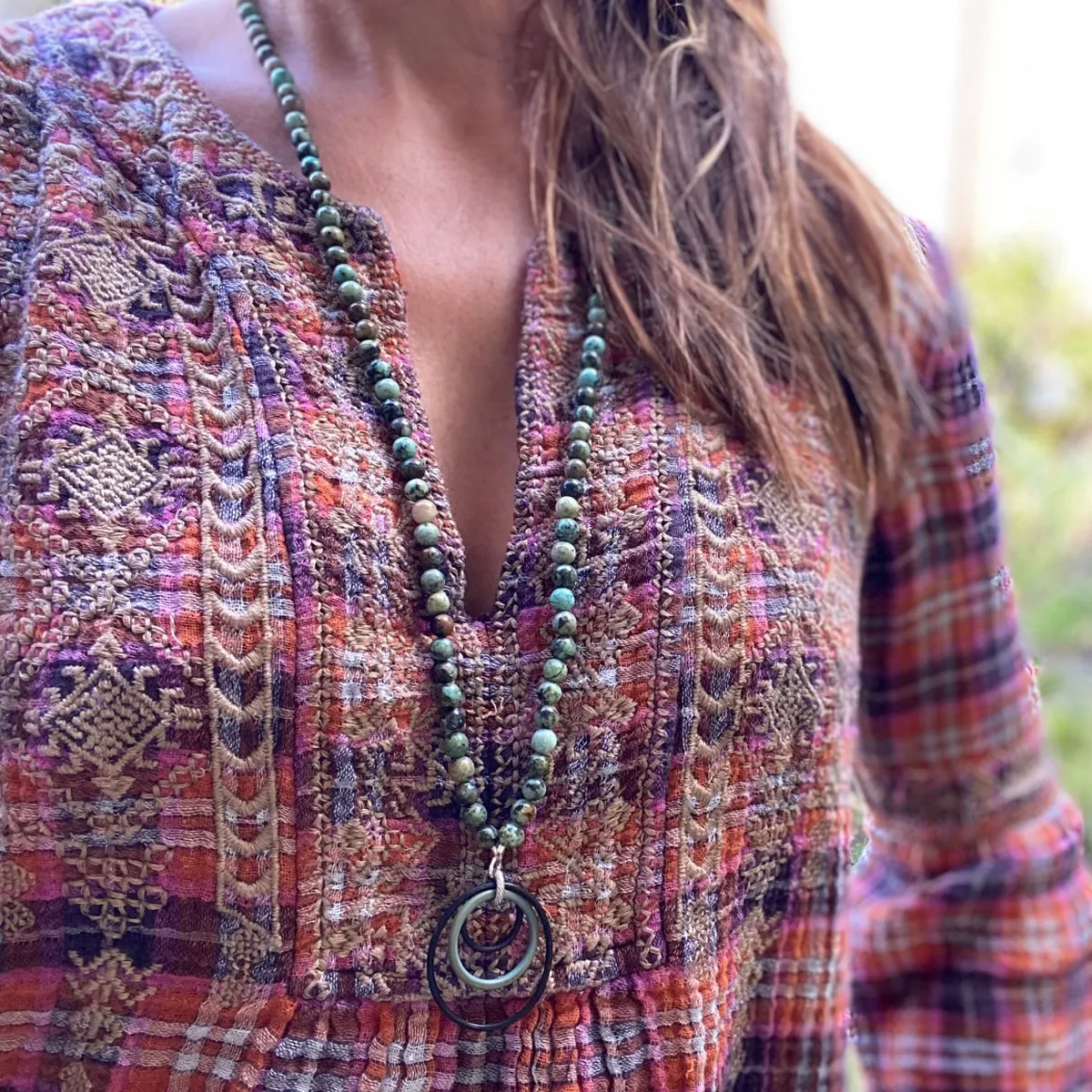 Zero Waste Necklace with African Turquoise and Up-recycled Scuba Gear O-rings